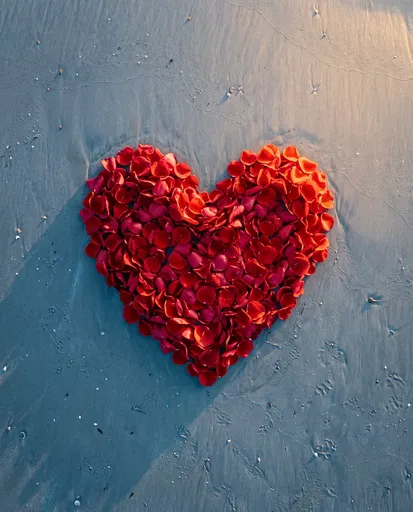 Red Rose Petal Heart on Beach Sand