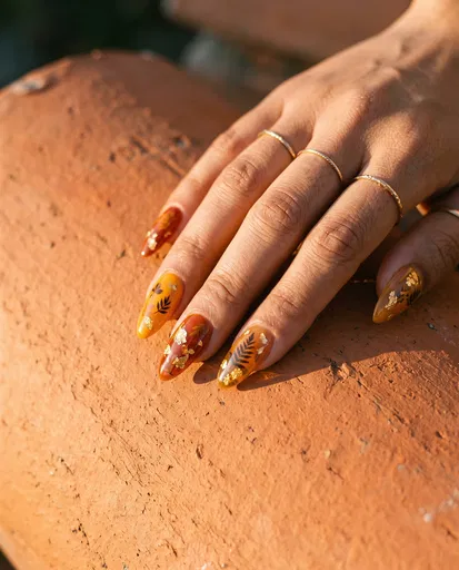 Autumn Botanical Nail Art on Terracotta
