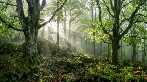 Misty Ancient Beech Forest in Spring