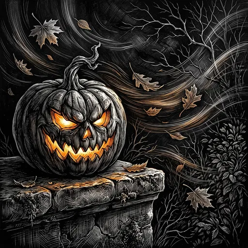 Scratchboard Glowing Halloween Pumpkin on Ledge