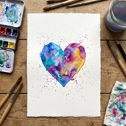 Colorful Watercolor Heart Painting Flat Lay