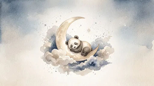 Watercolor Baby Panda Sleeping on Crescent Moon