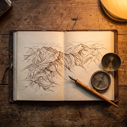 Open Journal With Mountain Sketch and Compass