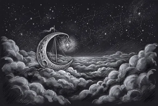 Crescent Moon Boat in Night Clouds