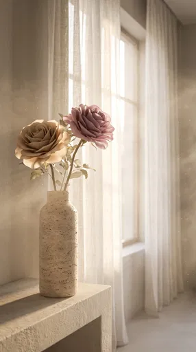 Travertine Vase With Roses Near Window
