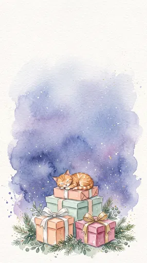 Watercolor Sleeping Cat on Pastel Christmas Presents