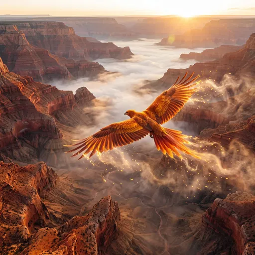 Golden Phoenix Soaring Over Misty Canyon