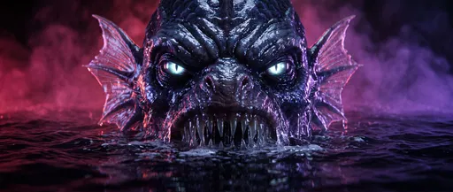 Glowing Eyed Sea Monster Emerging from Water