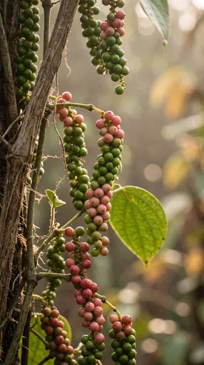Ripening Green and Pink Peppercorns on Vine