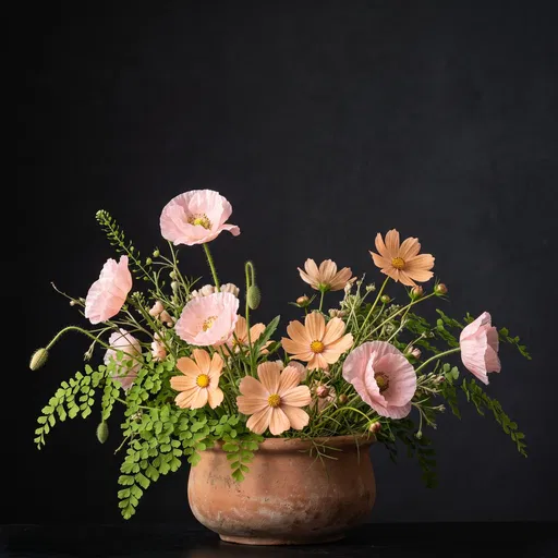 Pastel Poppies and Cosmos in Terracotta Pot