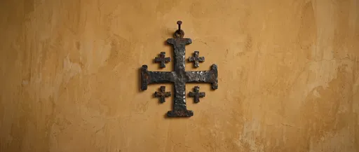 Forged Iron Jerusalem Cross on Ochre Wall