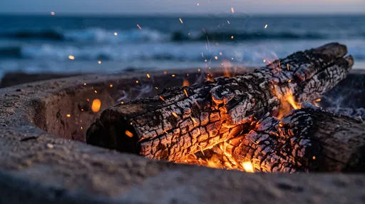 Charred Logs Burning in Beach Fire Pit