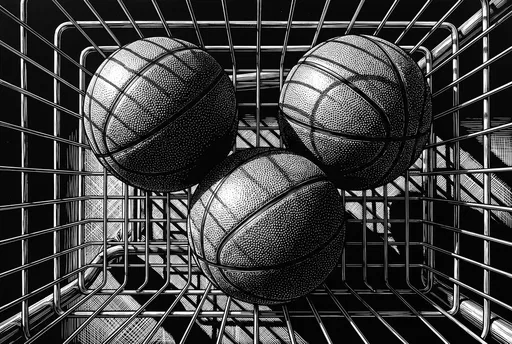 Scratchboard Illustration of Basketballs in Wire Basket