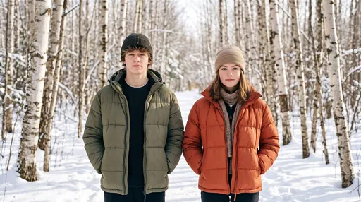 Teenagers Wearing Puffer Jackets in Snowy Forest