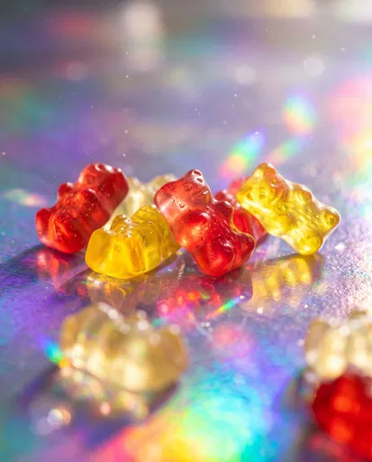 Translucent Gummy Bears on Holographic Surface