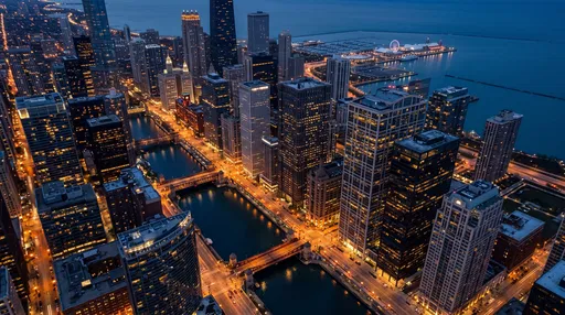 Aerial Downtown Chicago Skyline at Dusk