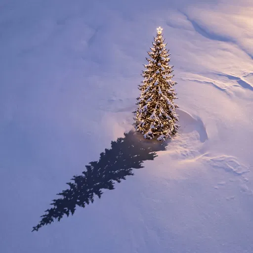Lit Christmas Tree in Twilight Snowfield