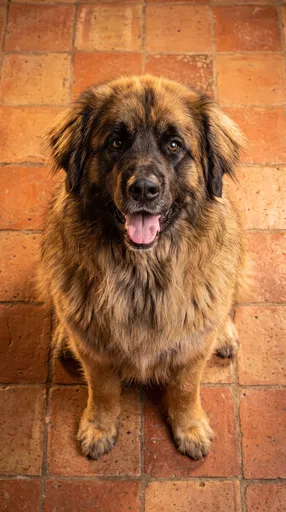 Fluffy Leonberger Dog on Terracotta Floor