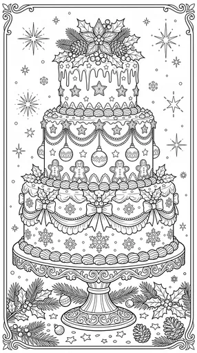 Three-Tiered Christmas Cake Coloring Page