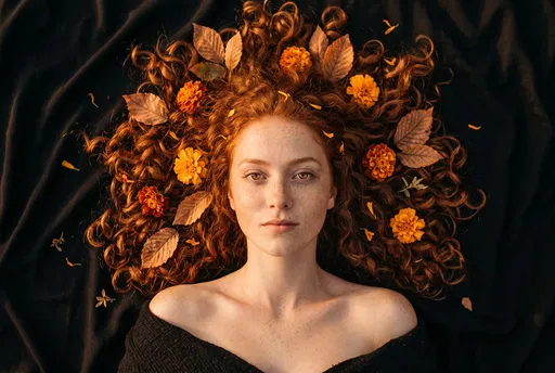 Red-Haired Woman With Autumn Leaves and Marigolds