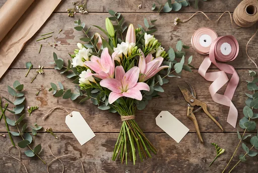 Pink Lily Bouquet on Florist Workbench