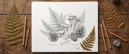 Botanical Graphite Drawing With Pressed Ferns
