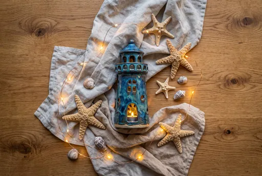 Blue Ceramic Lighthouse Coastal Flat Lay