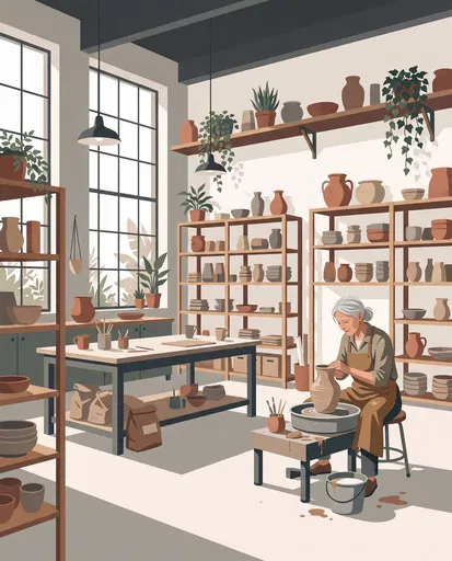 Woman Shaping Clay in Ceramics Studio