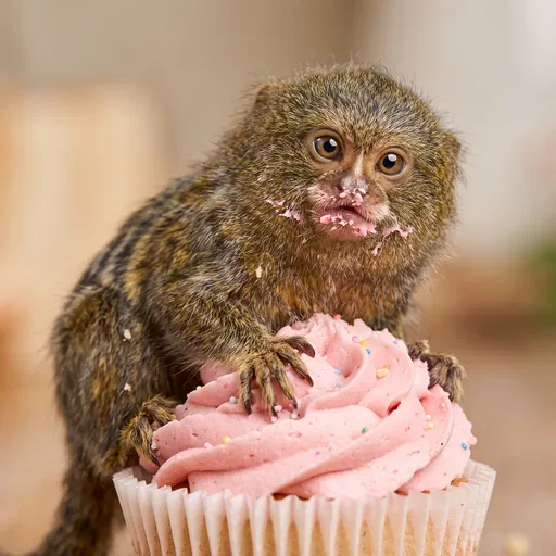Tiny Marmoset Eating Pink Cupcake