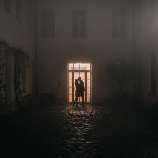 Couple Kissing in Foggy Courtyard Silhouette
