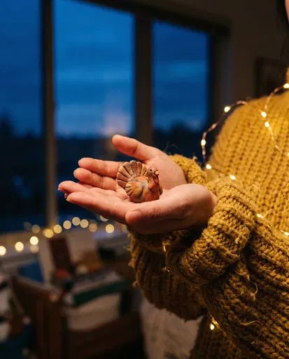 Hands Holding Miniature Clay Turkey Figurine