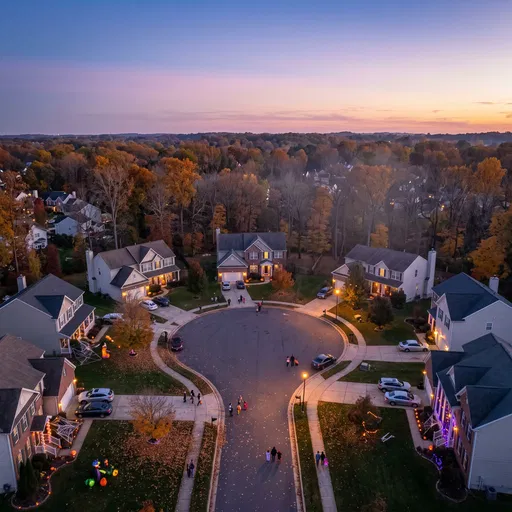 Aerial View of Suburban Cul-De-Sac on Halloween