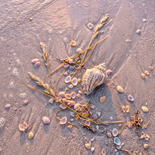 Seashells and Sea Oats on Wet Sand