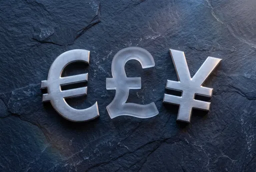 Metal and Glass Currency Symbols on Slate