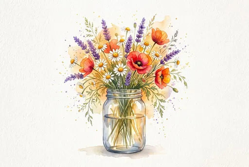 Watercolor Wildflowers in Glass Mason Jar
