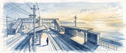 Coastal Train Station Anime Concept Sketch