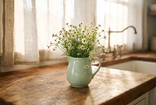 Mint Pitcher With Chamomile On Countertop
