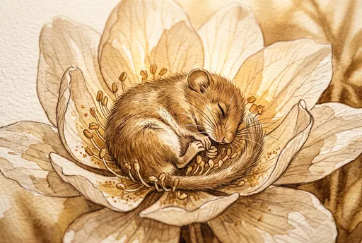 Sepia Watercolor Sleeping Dormouse in Flower
