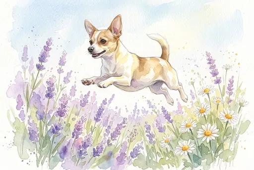 Watercolor Dog Leaping Over Lavender and Daisies