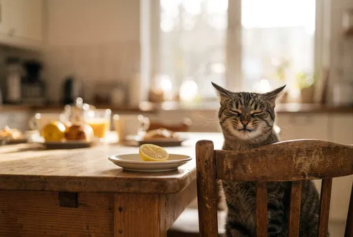 Tabby Cat Grimacing Beside Lemon Slice
