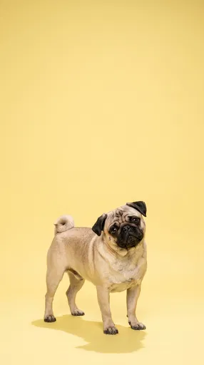 Fawn Pug Standing on Yellow Studio Background