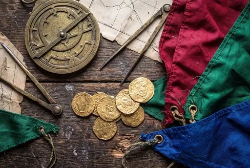 Vintage Nautical Navigation Tools and Gold Coins