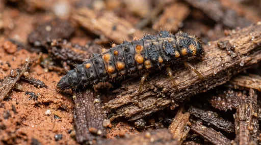 Macro Close-Up of Ladybug Larva on Soil