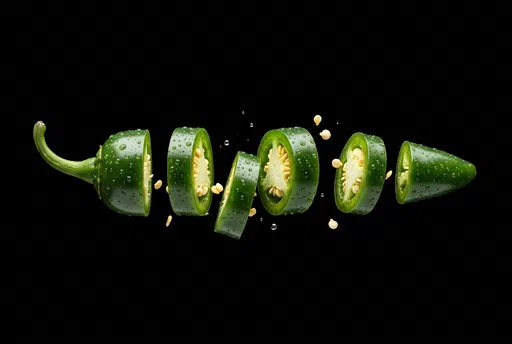 Floating Sliced Green Jalapeno Pepper on Black