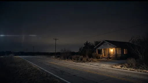 Lonely Highway and Lit House at Night