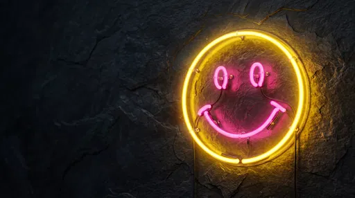 Neon Smiley Face Sign on Dark Wall