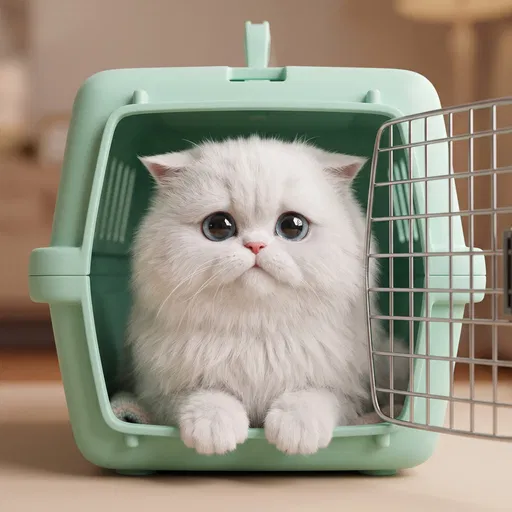 Fluffy White Cat in Mint Carrier