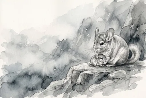 Mother and Baby Chinchilla Watercolor Illustration