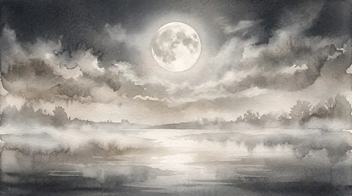 Watercolor Full Moon Over Misty Lake