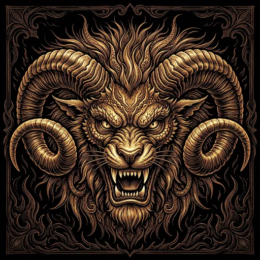Golden Scratchboard Chimera Monster With Ram Horns